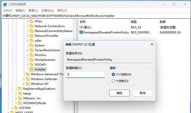DWORD值编辑窗口，数值数据已设置为1