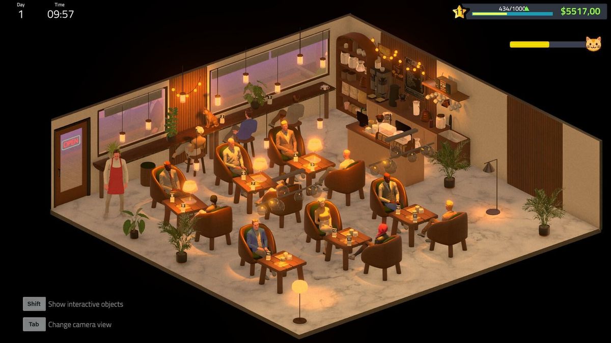 玩家正在游戏中为顾客制作拿铁，吧台整洁有序，背景有书架与绿植装饰