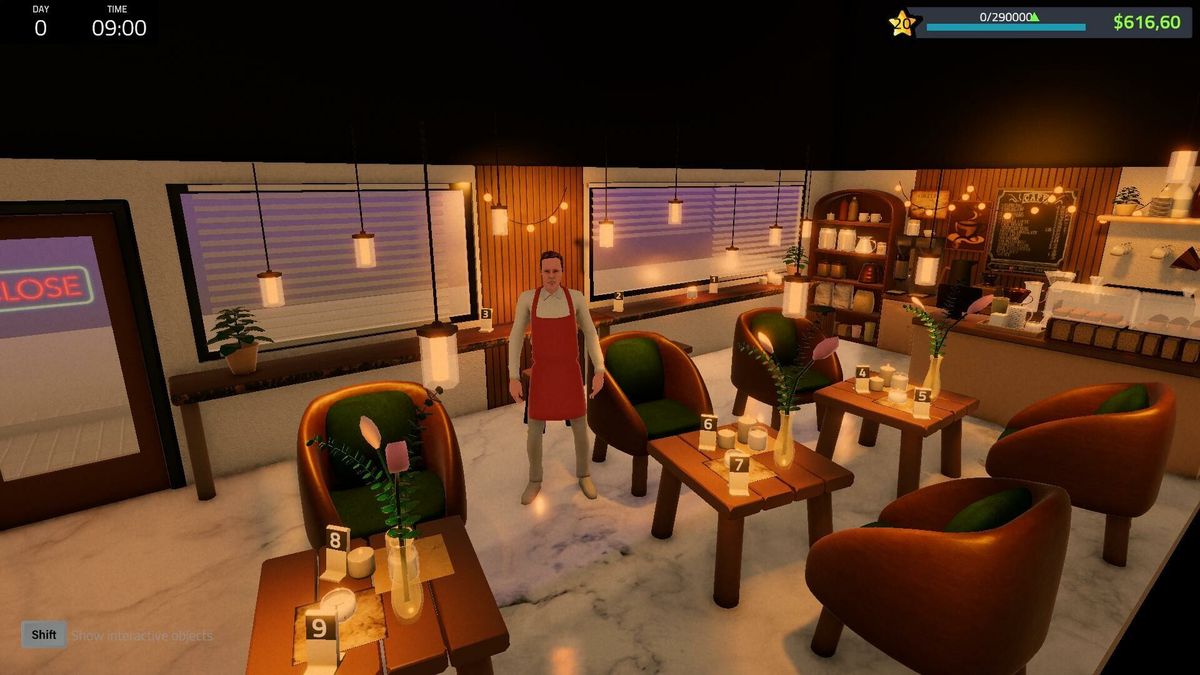 咖啡馆内部升级界面，展示新购入的意式咖啡机与墙面装饰选项