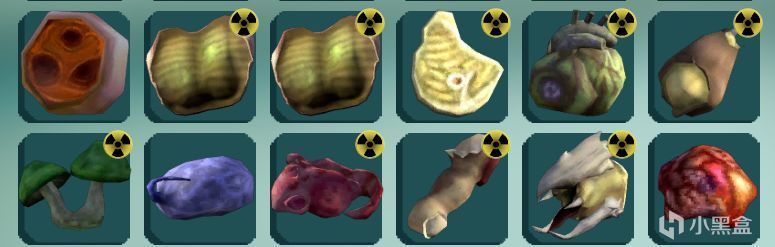 《非生物因素》怪物掉落物品界面截图，显示不同生物掉落的食物类资源列表