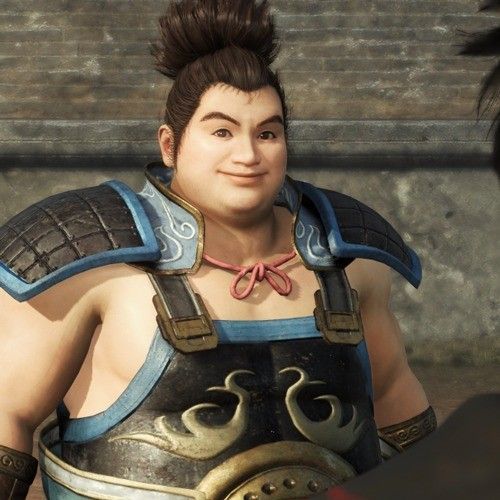 许褚在《真三国无双：起源》中的角色立绘，身材魁梧，身穿深色铠甲，眼神凌厉，尽显猛将风范