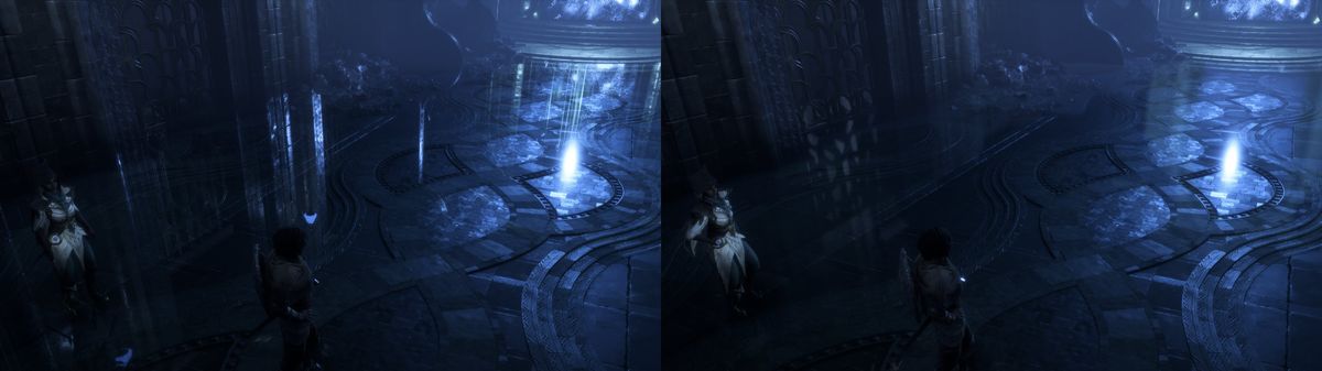 角色在室内场景中的反射对比，开启光追后玻璃与地板反射更加精准