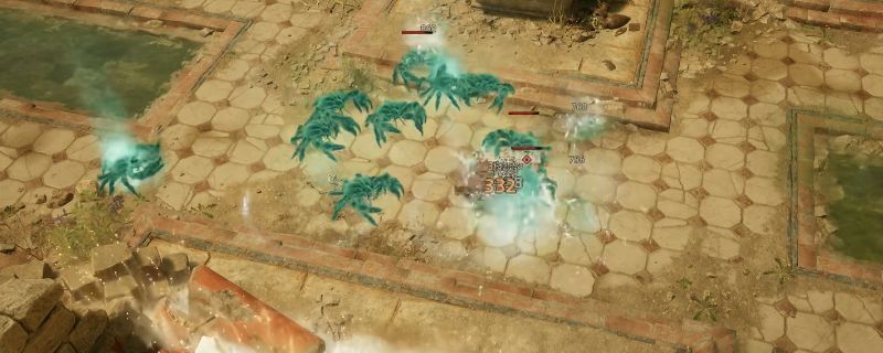 埃拉纳废墟场景中玩家正在围攻一群沙壳巨蟹，地面散落着发光装备，技能特效覆盖屏幕