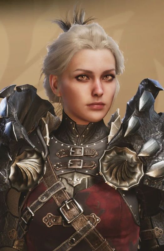 一位冷峻风格女角色，黑色长发，身穿皮质护具，手持双刀