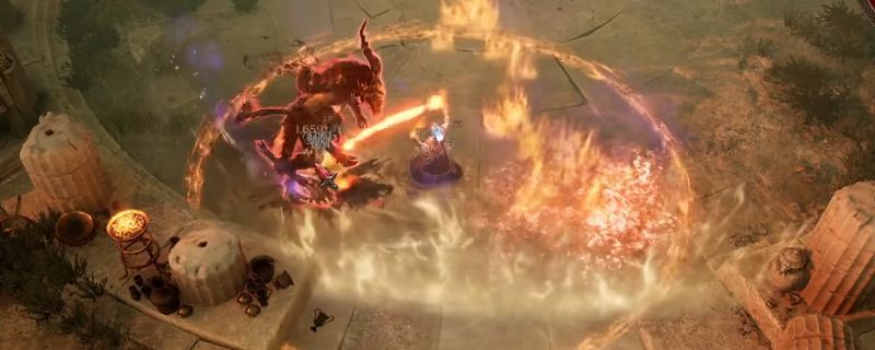 《泰坦之旅2》中大地火法流角色释放火焰技能的战斗画面，地面裂开喷发烈焰，角色周身环绕火元素特效，场面震撼