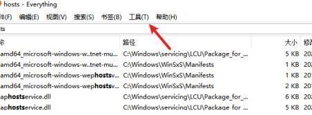 Everything主界面，顶部菜单栏中‘工具’选项被鼠标指向，下拉菜单显示‘选项’可点击