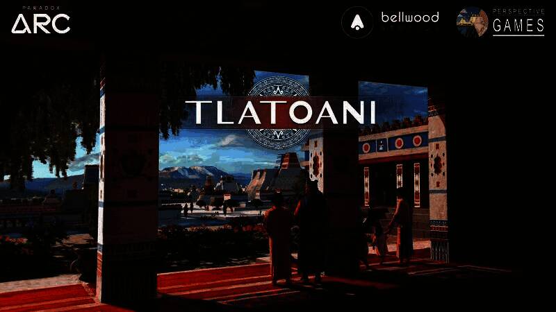 《特拉托亚尼：阿兹特克城》游戏主界面展示，背景为宏伟的金字塔城市，天空呈现玛雅风格图腾