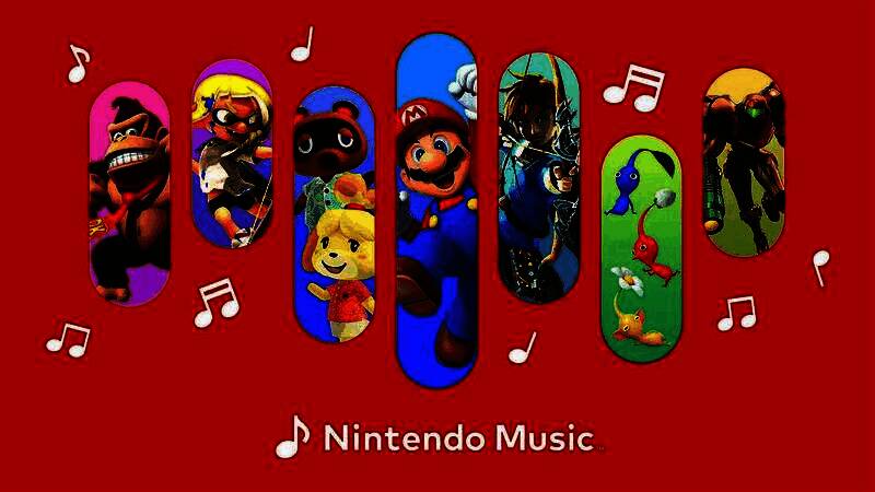 Nintendo Music应用界面展示，屏幕上显示多款任天堂经典游戏的音乐专辑封面，背景为简洁的蓝色主题设计