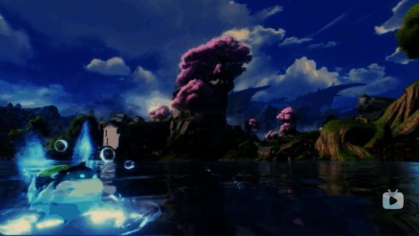 水下场景中，一只可爱的嘟嘟河豚在岩石间穿梭，光线透过水面形成波纹光影