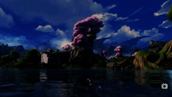 《鸣潮》1.0版本PV截图，漂泊者在废墟城市中奔跑，天空裂开巨大光痕