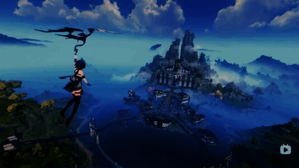 漂泊者释放能量展开翅膀，背后光翼展开，与空中巨兽激烈对战