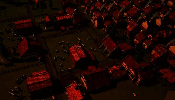 《Settlements Rising》游戏画面展示中世纪风格的村庄建设场景，木屋与农田错落有致，居民在街道上行走