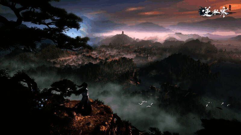 角色身穿融合传统纹样与金属机械的铠甲，背景为古代城池与悬浮机关装置共存的奇幻景象