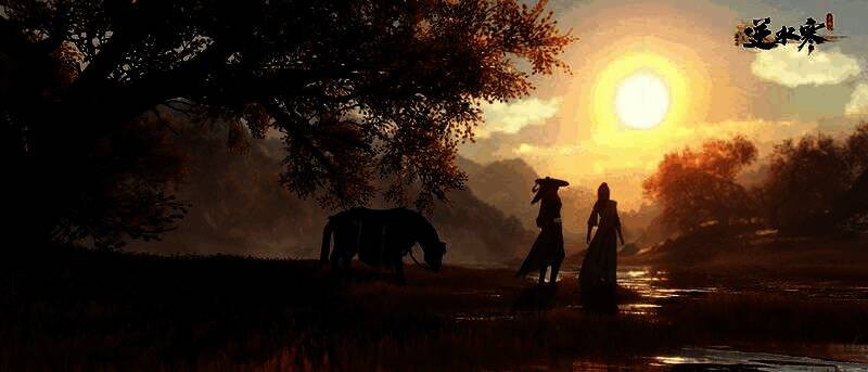 游戏角色立于高山之巅俯瞰壮丽江湖全景，天空中浮现古老符文与星辰轨迹