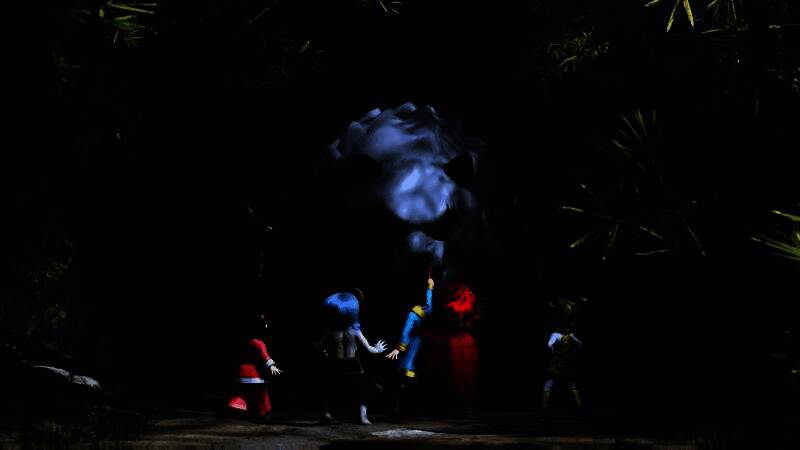 小曦与小火球在大荒城镇中嬉戏玩耍，周围孩童围绕灵宝奔跑，氛围温馨欢乐