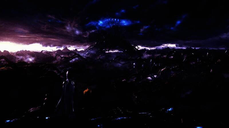 倒悬山脉与天空巨拱遥相对望，乌云密布，场景壮丽而诡异