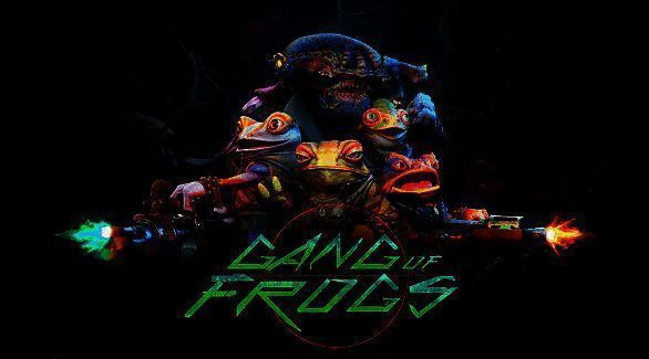 《Gang of Frogs》游戏主视觉图，一群手持武器的青蛙战士站在宇宙飞船甲板上，背景为浩瀚星空与异星星球