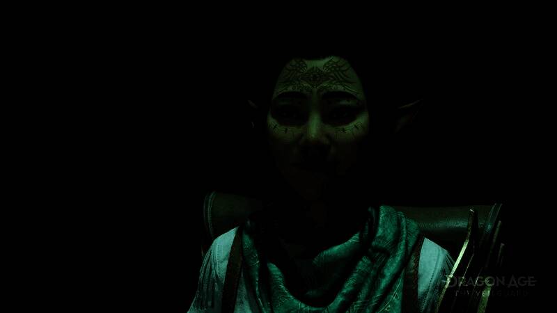 《龙腾世纪：影障守护者》游戏宣传画面，黑暗奇幻风格场景中角色手持武器面对神秘屏障