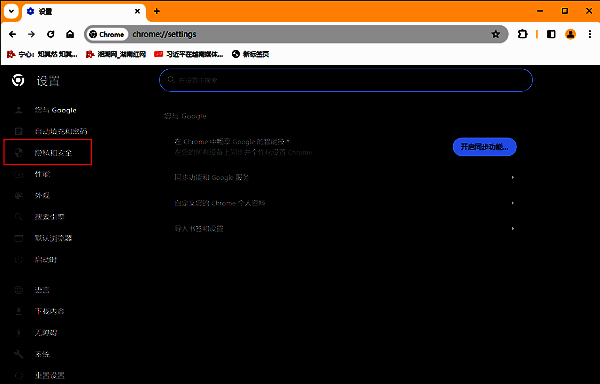 隐私和安全选项在左侧菜单中被选中，右侧显示相关安全功能列表