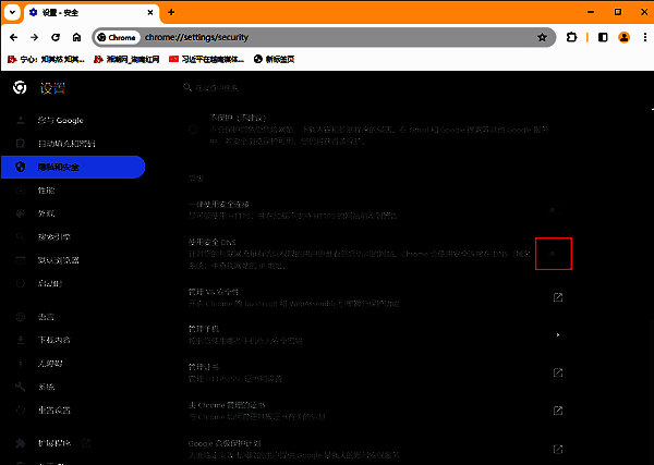 ‘使用安全DNS’开关已点亮，表示功能已成功启用