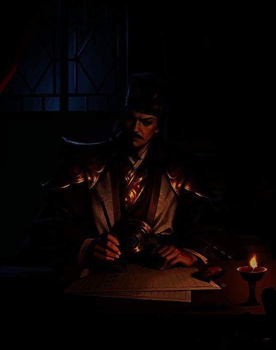 刘辟角色立绘展示，身着黄巾军风格铠甲，手持长戟，神情坚毅，背景为战火纷飞的古代战场