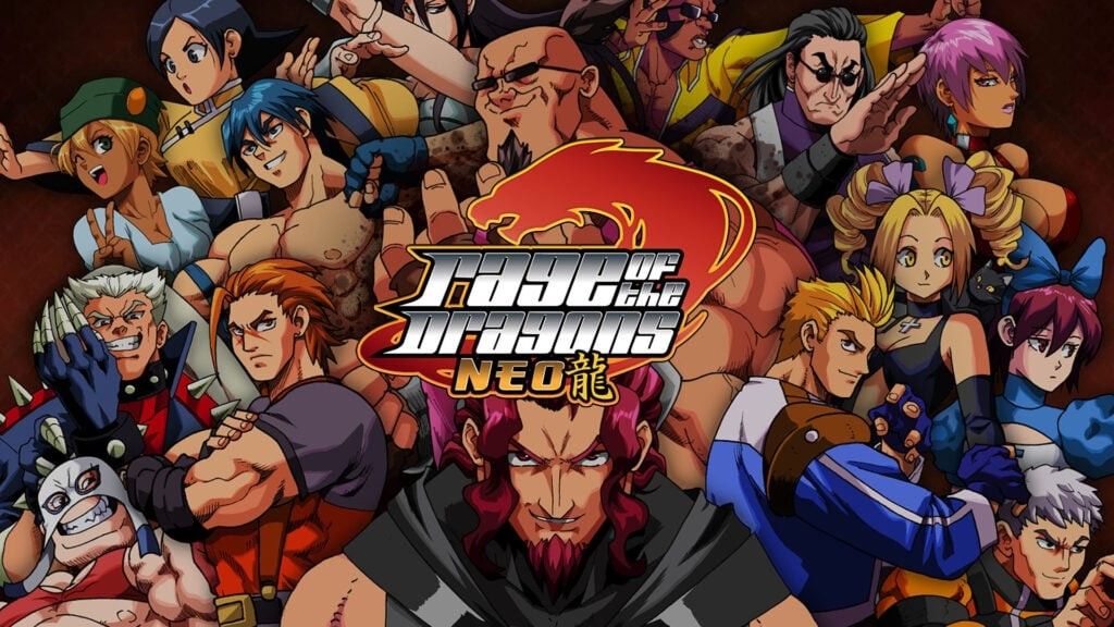 《龙之怒NEO》游戏主视觉图，两名角色在霓虹色调的都市背景下激烈对战，拳脚间火花四溅，充满街机格斗的热血氛围