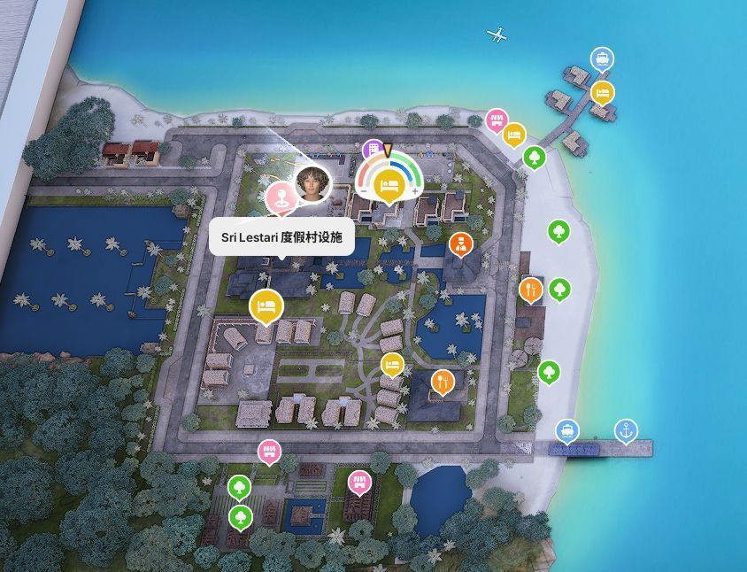 玩家在度假村内部走动，背景可见沙发、饮品吧和电视区，环境舒适