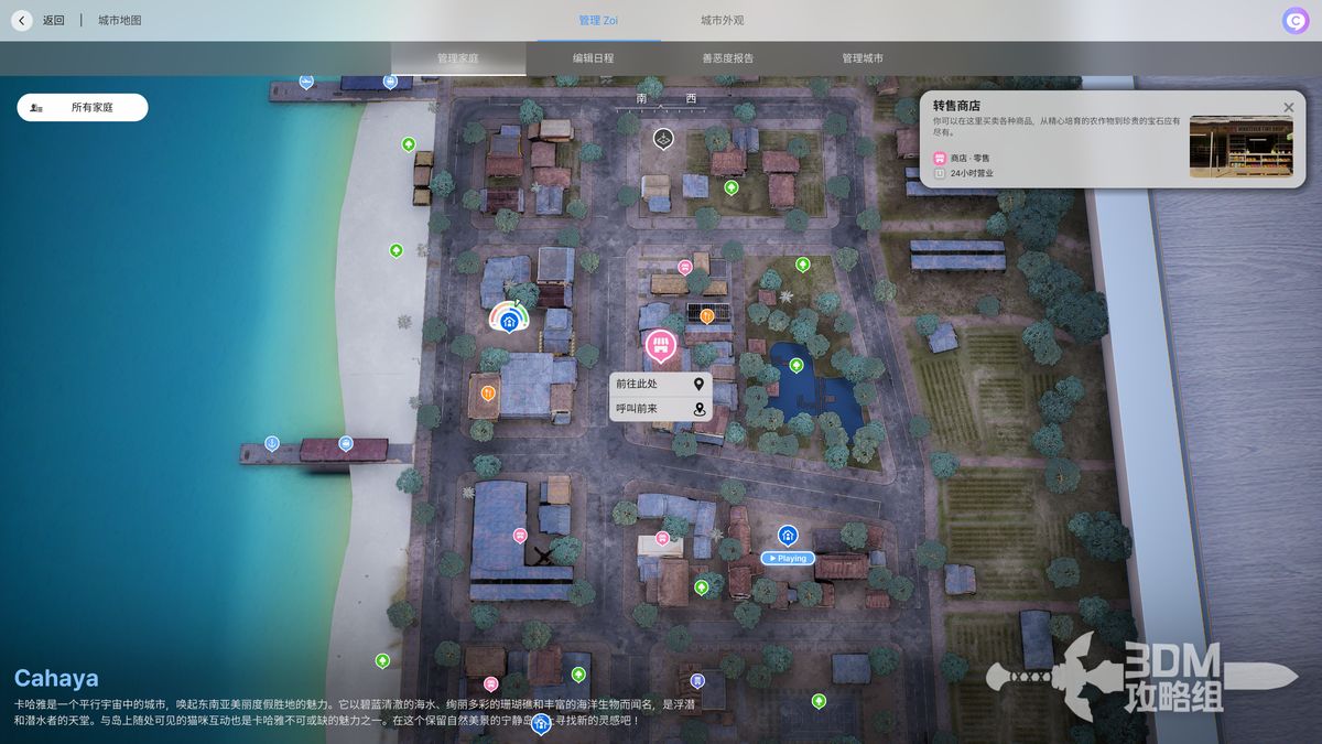 玩家角色站在海岛右侧的转售商店门前，木质招牌清晰可见，背景为阳光沙滩与椰子树