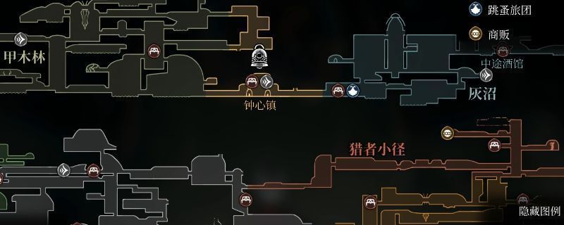 《空洞骑士：丝之歌》钟心镇区域场景，角色站在复杂结构的高台之上，周围布满丝线与神秘符号