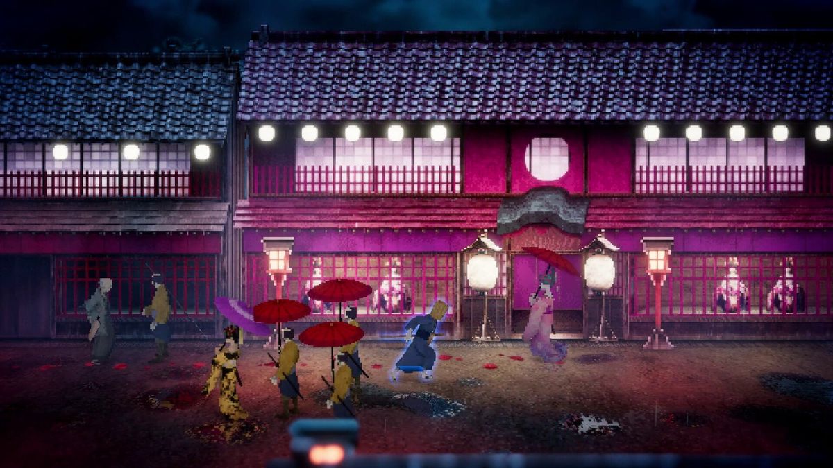 游戏场景截图，展现雨中战斗的激烈场面，背景为江户风格的街道与建筑