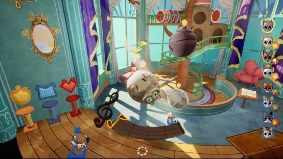 媒体在科隆游戏展上试玩《奇喵派对》的现场照片，几位玩家正专注操作屏幕上的猫咪角色