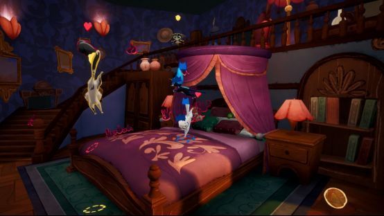 Le Catnip Collective团队成员在蒙特利尔工作室内讨论游戏开发的工作照，背景为《奇喵派对》的游戏画面投影