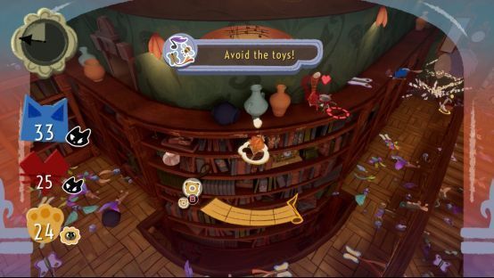 《奇喵派对》游戏实机画面，展示猫咪角色在豪宅中奔跑、跳跃与互动的场景，整体风格卡通可爱