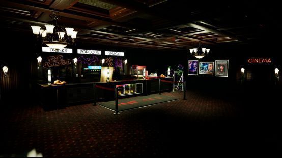 《幻戏惊魂夜》游戏场景截图，展示昏暗影院中杀手潜伏的紧张氛围