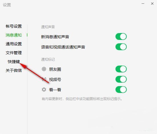 设置界面左侧功能栏，包含快捷键选项