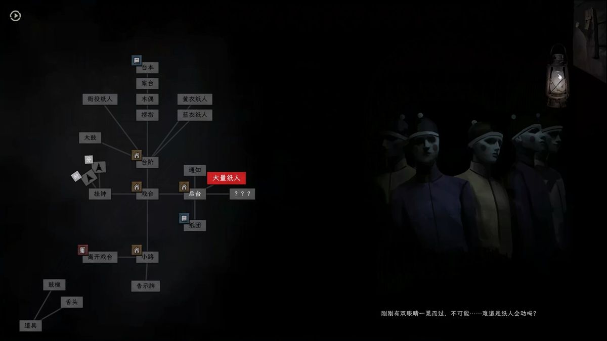 《白河村》游戏截图，角色在阴森环境中探索，界面呈现文字解谜提示