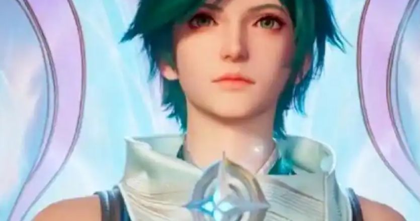 庄周在战场上释放护盾，周围队友被光环包围，画面温暖而有力