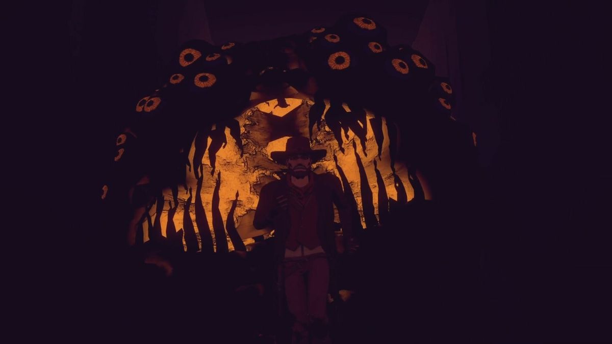 角色约翰在黑暗中行走，背景中浮现神秘乌鸦与浮塔轮廓