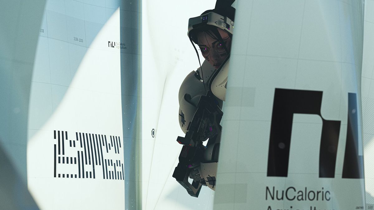 玩家角色与AI互动画面，科幻元素浓厚，场景极具未来感