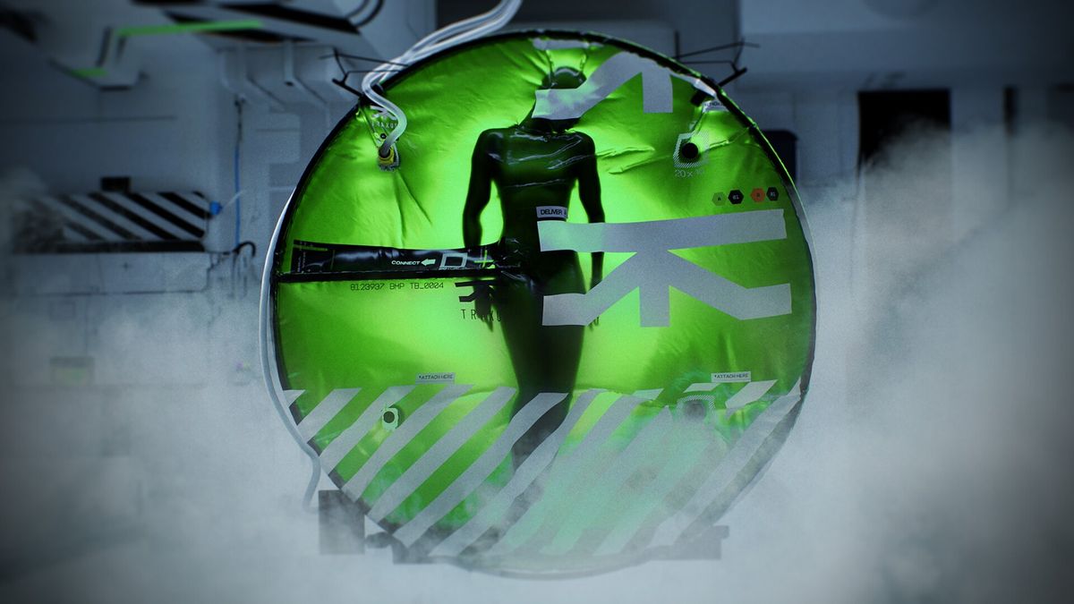 科幻战斗场景，角色手持高科技武器，背景为未来都市废墟