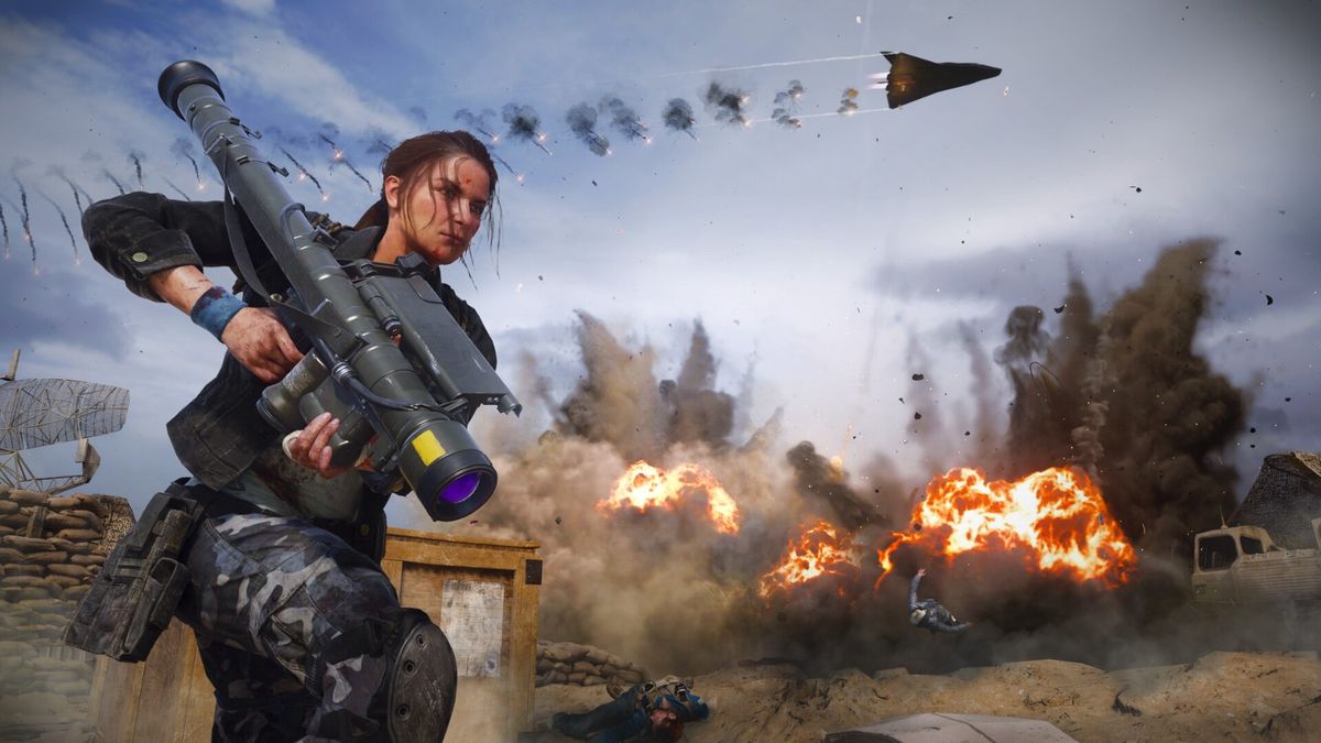 《使命召唤21》多人对战场景，角色在废墟中激烈交火