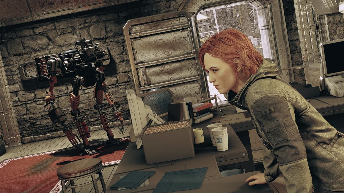 游戏界面显示NPC在商店区域活动，机器人正在柜台后工作