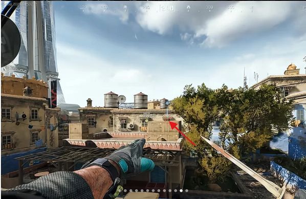 蓝调山城屋顶木箱顶部藏宝点截图，木箱顶部有宝箱标记