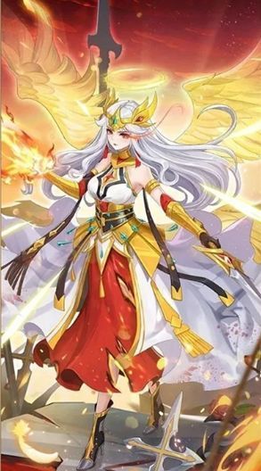 炽天使角色立绘，身披白色羽翼，手持火焰权杖，释放技能时周围环绕火球特效