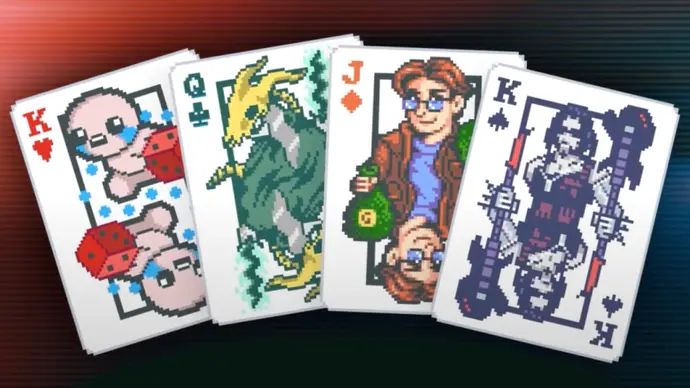 《小丑牌》联动扑克牌外观展示，包含《星露谷物语》与《赛博朋克2077》主题卡牌设计