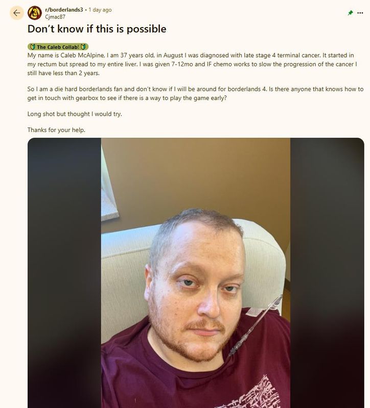 Caleb McAlpine在Reddit上发帖表达心愿的截图