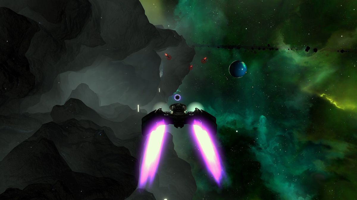 游戏主界面展示，飞船与虫洞构成视觉焦点，背景为浩瀚宇宙