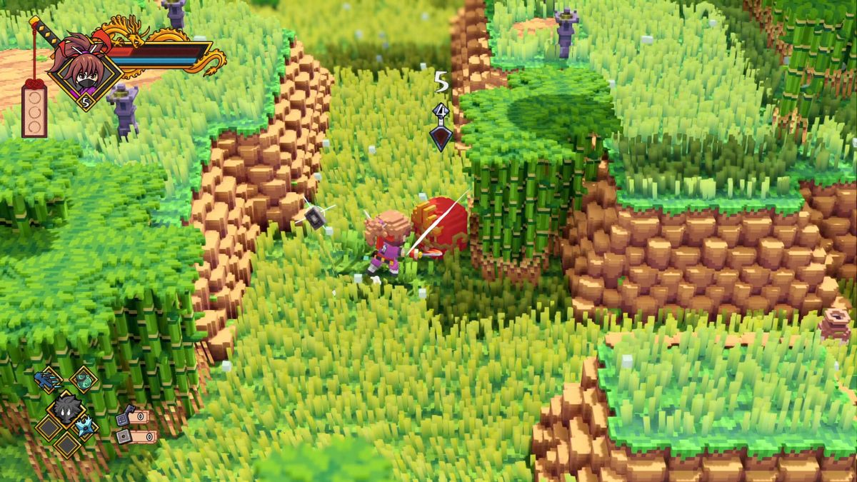 忍者角色手持武器，与巨大生物对峙的战斗画面