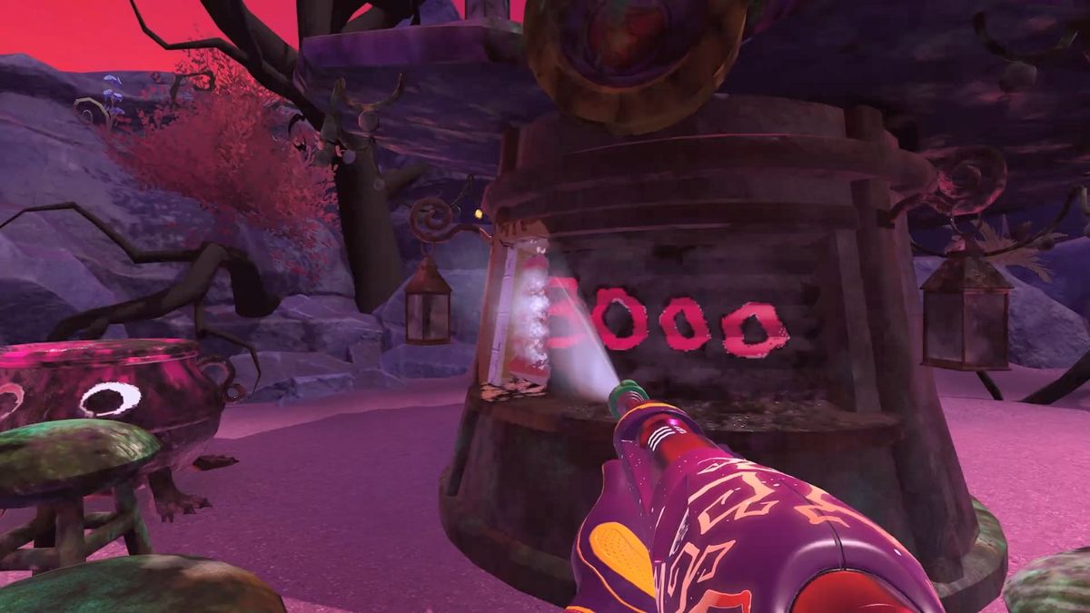 玩家手持水枪清洗粘液覆盖的墙壁，特效逼真