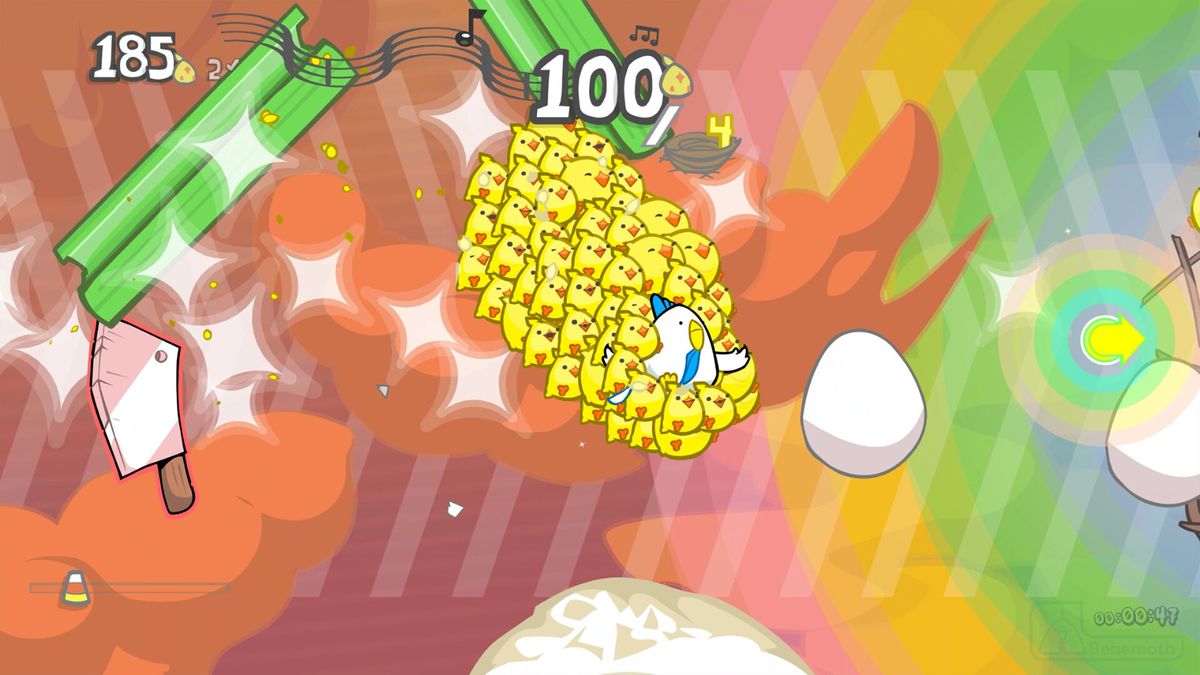 鸡长在空中飞行时收集玉米糖的画面，周围漂浮着其他雏鸡